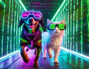 VRゴーグルをつけてバーチャル空間を体験する犬と猫