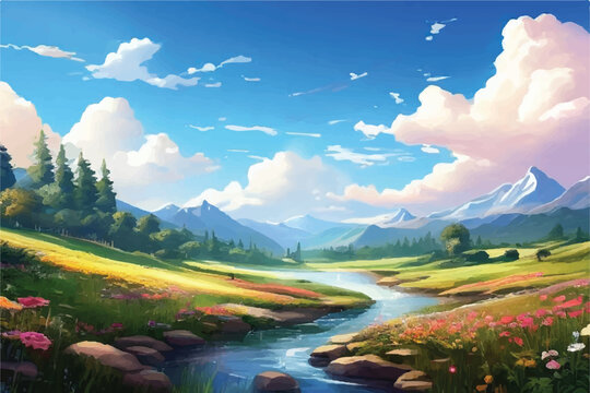 Picture of a mountain lake with a mountain range in the background and a lake in the foreground with a mountain range in the background. vector illustration. Nature landscape.                         