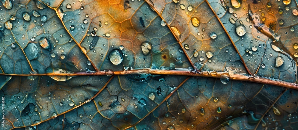 Aufkleber macro photography capturing a terrestrial plant leaf with water drops, creating an artistic pattern 