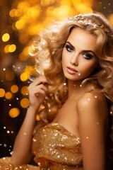 Young woman with blond hair in radiant and cozy atmosphere surrounded by highly illuminated light, vertical