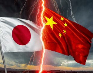 稲妻に分断される日本と中国の国旗