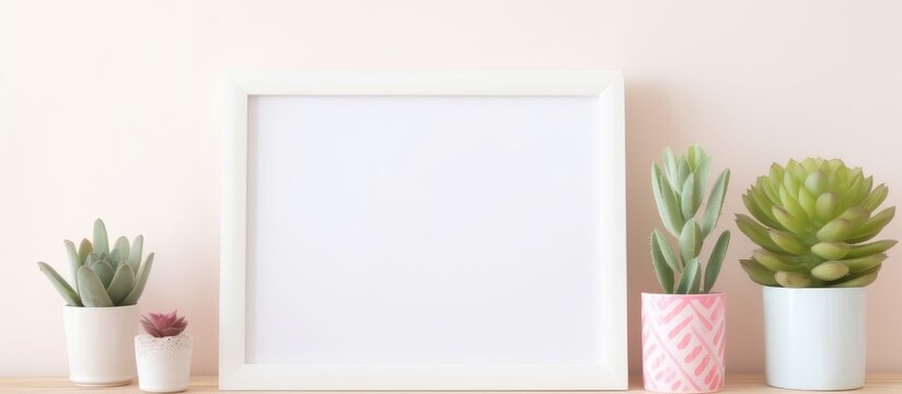 A white picture frame with decorations sits on top of a wooden table beside three potted plants. The frame serves as a mock-up for displaying photos or artwork against a pastel-colored background.