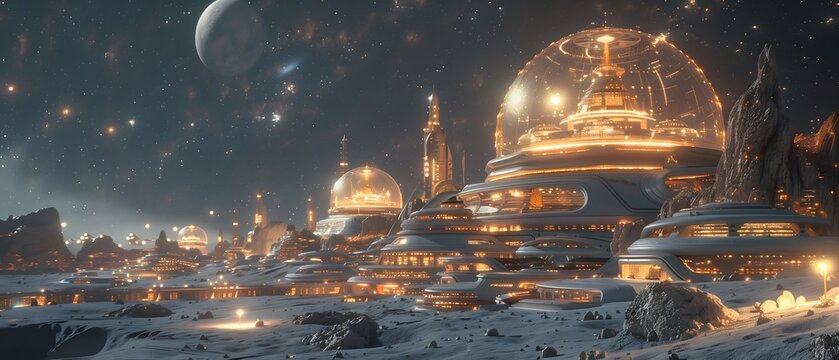A city on the moon with transparent domes and spaceports for interplanetary travel wide wallpaper