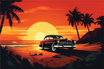 Vintage Classic car at Beach with Beautiful Sunset view. vintage classic car. Illustration. Retro car rides among the palm trees against the backdrop of the sunset at the beach. classic Vintage car. 