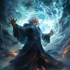 A sorcerer battles a storm elemental with fierce magic - obrazy, fototapety, plakaty