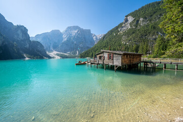 Naklejka premium Turquoise lake Braies in the heart of the Dolomites, Italy
