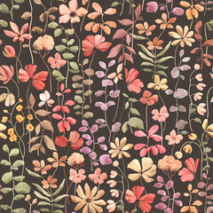 Watercolor seamless pattern of abstract wildflowers and plants on brown dark background, floral color illustration for wallpapers, textile or floral background in vintage rustic style. - 754936291