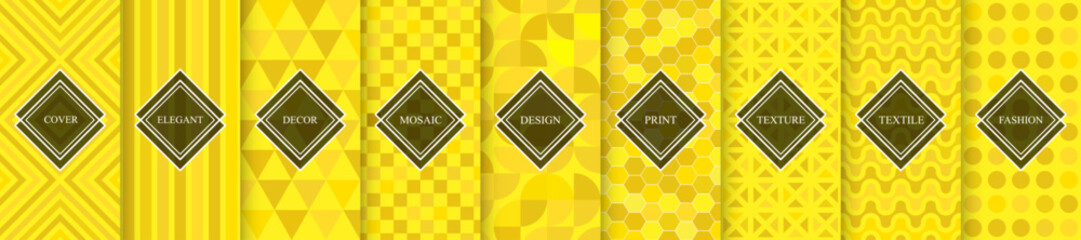 Collection of seamless vibrant geometric patterns. Yellow mosaic tile endless textures. Abstract unusual bright backgrounds. Minimalistic modern prints - 754936293