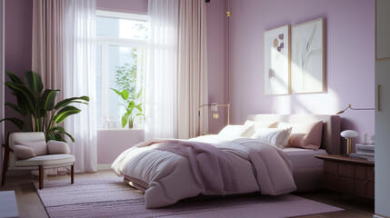 A serene bedroom in soft lilac shades, featuring minimalist furniture with pops of color for a tranquil retreat.