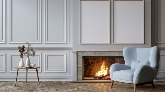 frame mockup on interior design background for winter, European style, 3d render, 3d illustration