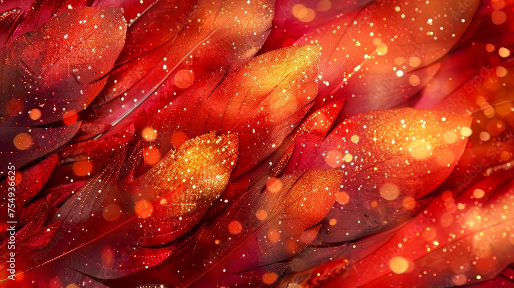 Aufkleber abstract red and gold petal-like forms with glittering sparks and bokeh background for festive occas
