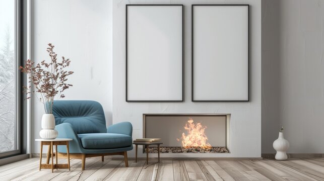 frame mockup of modern European style living room interior design in winter, 3D render, 3d illustration
