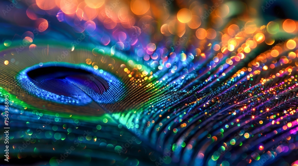 Aufkleber colorful light patterns on a peacock feather close-up with vivid blues and greens illuminated by shi