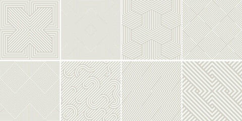 Collection of seamless weave geometric patterns. Beige endless striped textures - creative delicate backgrounds. Monochrome fabric prints - obrazy, fototapety, plakaty