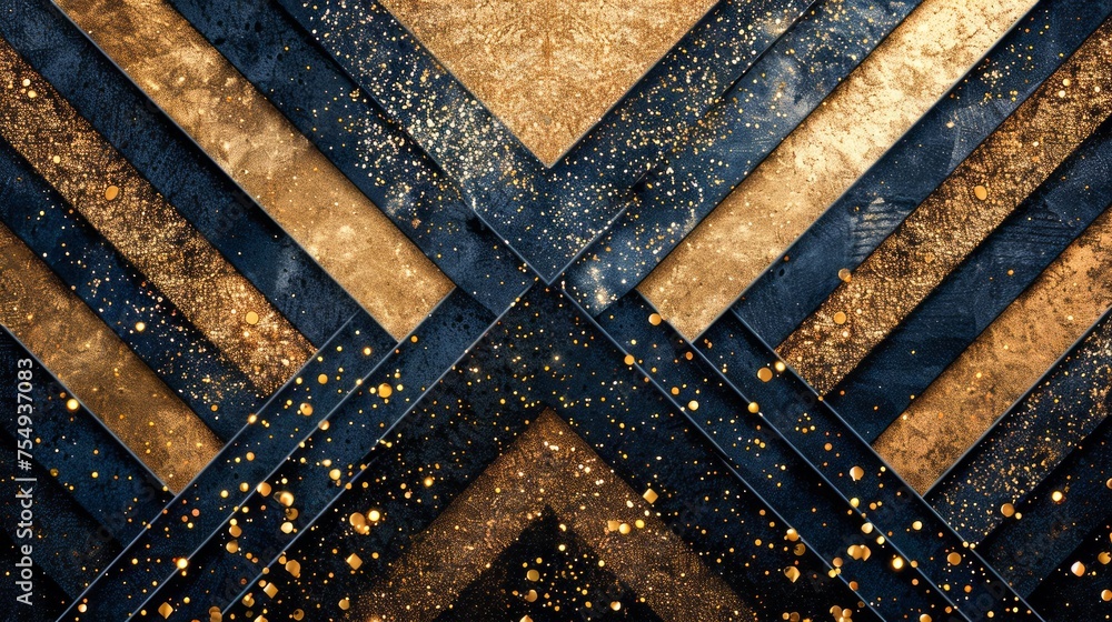 Aufkleber abstract geometric background with blue and gold chevron patterns and sparkling glitter texture