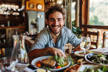 Happy smiling young man eating a food in a rustic style dinner