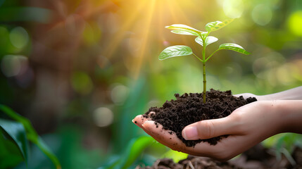 Woman's hand holding soil and young sprout plant on a bright background with copy space