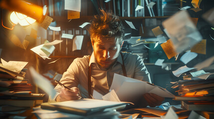 Fototapeta na wymiar Busy concept image with an overwhelmed businessman doing paperwork