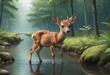 Deer drinking water from the stream