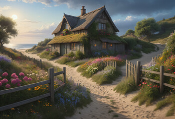 A wooden house by the sea with a flower garden - obrazy, fototapety, plakaty