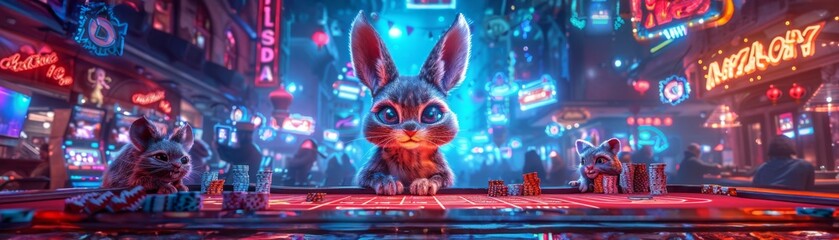 Generated Cyberpunk Casino with Anthropomorphic Animals Playing Poker, Neon Lights Ambienceimage - obrazy, fototapety, plakaty