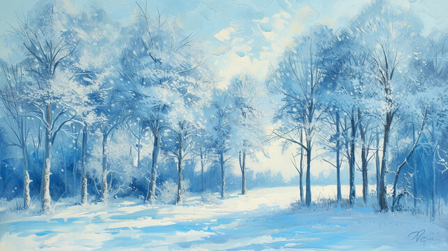 A serene winter landscape painted in shades of icy blue, with majestic fair trees standing tall under a blanket of glistening snow. Scenery perfect for tourists seeking a magical holiday escape.