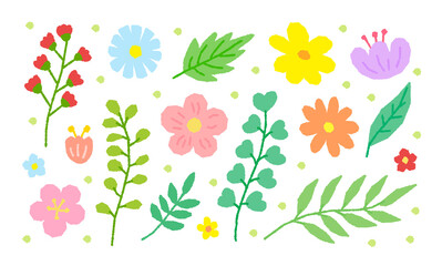 Fototapeta na wymiar A set of drawing illustrations with a colorful spring season concept, including flowers, nature, gardens, cherry blossoms, daisies, plants, and leaves.