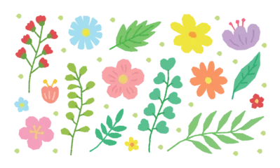 Deurstickers A set of drawing illustrations with a colorful spring season concept, including flowers, nature, gardens, cherry blossoms, daisies, plants, and leaves. © Tuesday04
