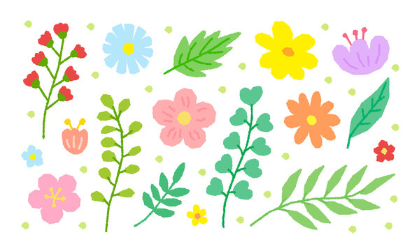 A set of drawing illustrations with a colorful spring season concept, including flowers, nature, gardens, cherry blossoms, daisies, plants, and leaves.