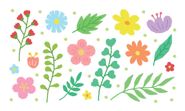 A set of drawing illustrations with a colorful spring season concept, including flowers, nature, gardens, cherry blossoms, daisies, plants, and leaves.