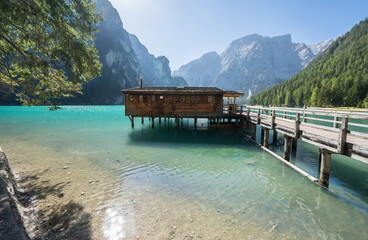 Turquoise lake Braies in the heart of the Dolomites, Italy