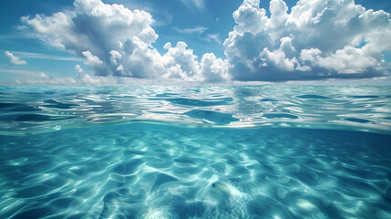 Underwater ocean view with clouds in sky, creating a serene natural landscape