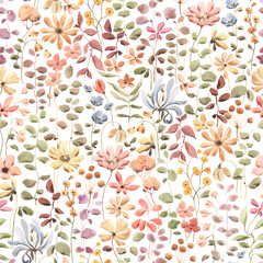 Watercolor seamless pattern of abstract wildflowers and plants, isolated floral color illustration for wallpapers, textile or floral background in vintage rustic style, design flowers pattern. - 754938873