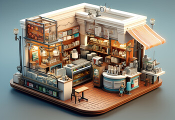 A small model of a bakery shop with a counter and a table