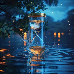 A poetic illustration blending water and an hourglass, with droplets representing moments passing from today into the realm of yesterday 
