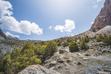 Fototapeta na wymiar Mountain landscape of the Fan Mountains with rocks, stones and vegetation in Tajikistan, mountain panorama