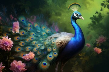 Fototapeta premium Ornamental Peacock bird art beauty. Nature tropical. Generate Ai