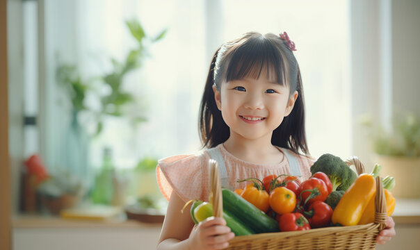 A young girl is holding a basket of vegetables and smiling