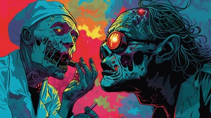 Illustration of a zombie assisting a doctor in medical research
