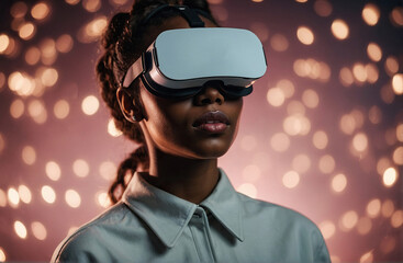 Young Woman Wearing VR Augmented Reality Goggles in Futuristic World of Virtual Reality with a Pink Bokeh Background