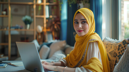 Inclusive image of a hijabi digital nomad working remotely at home. Inclusive and diverse  flexible working culture - Powered by Adobe