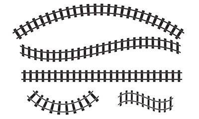 curved railroad isolated on white background. Vector illustration of Straight and curved railway train track icon set. Perspective view railroad train paths