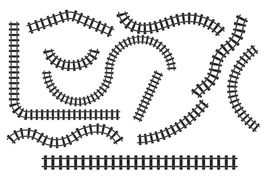Curved Railroad isolated on white background. Vector illustration of Straight and curved railway train track icon set. Perspective view railroad train paths