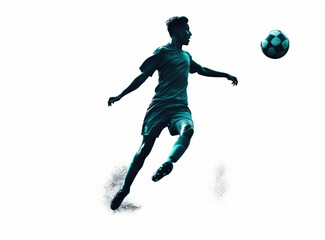 A soccer player is kicking a ball in mid-air