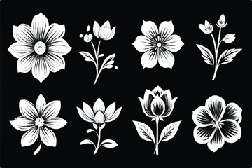 Decorative flowers set, design elements. Can be used for cards, invitations, banners, posters, print design. Floral background. Garden white silhouette icons vector set. Set of black and white flowers