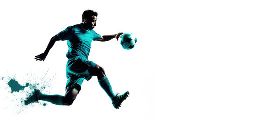 A soccer player is kicking a ball in the air