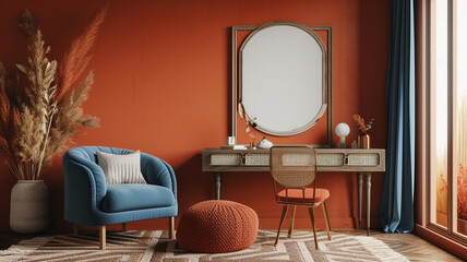 A relaxed bedroom setup with an easygoing AI-controlled sofa, a charming dressing table, and an empty wall frame mockup against a warm terracotta background wall.