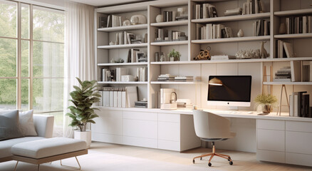 A white room with a large bookcase and a computer desk