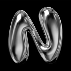 Shiny 3D chrome letter N, retro futuristic balloon bubble style , liquid metal effect with reflective gloss, isolated volumetric rendering, Y2K vector for modern design