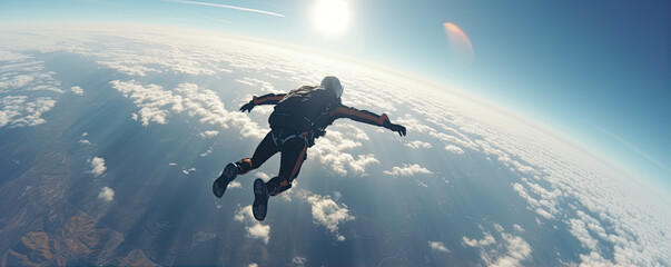 Skydiver in action above cityscape in clouds.